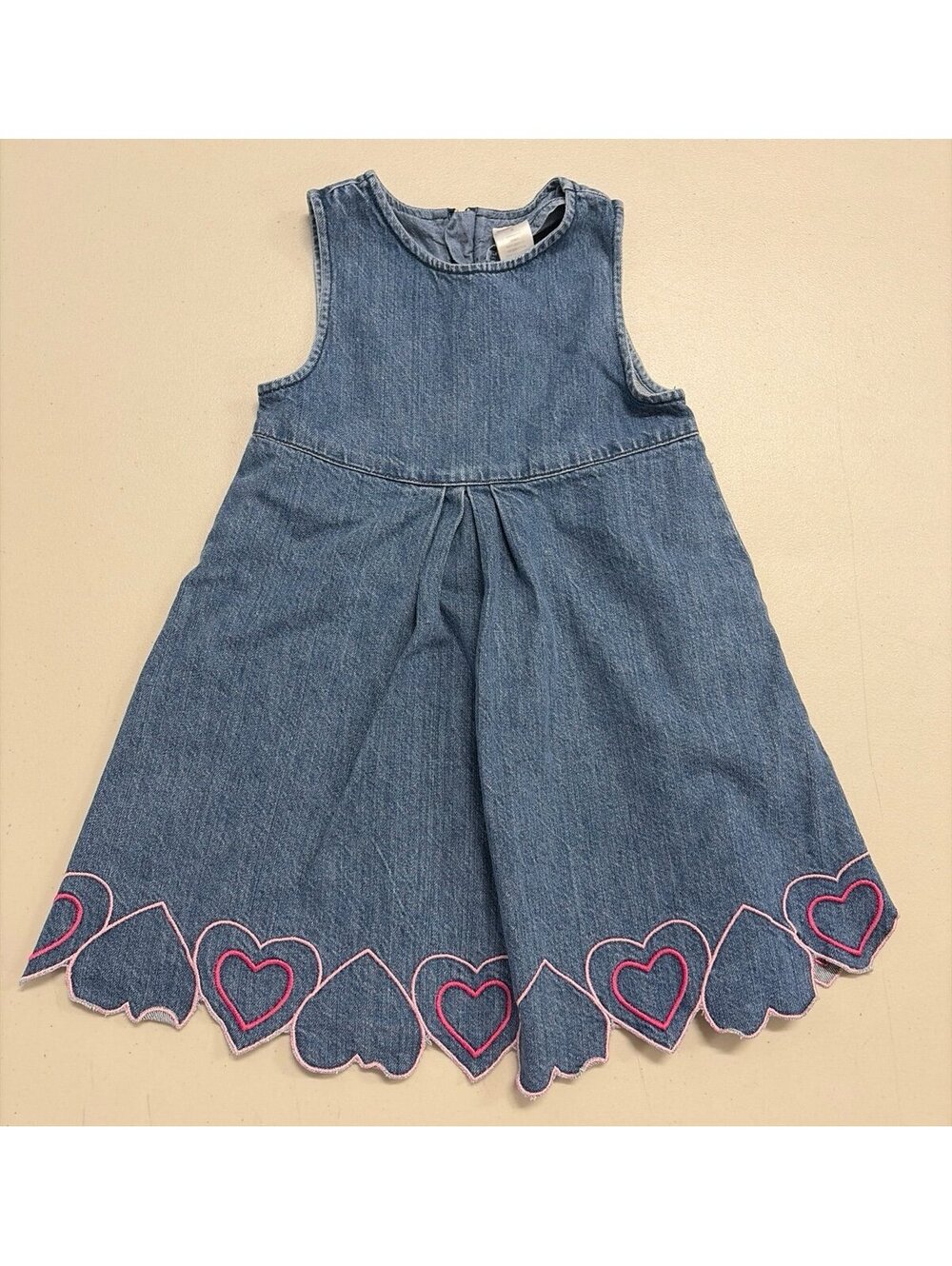 Gymboree Girls Size 5 Denim Jumper Dress Scalloped Heart Hem Zip Back Cotton
